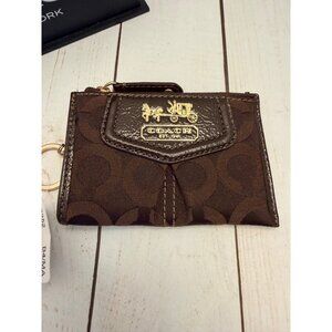 Coach Brown Signature Canvas Mini Skinny ID Case Wallet with Keychain 4.5x3" NWT